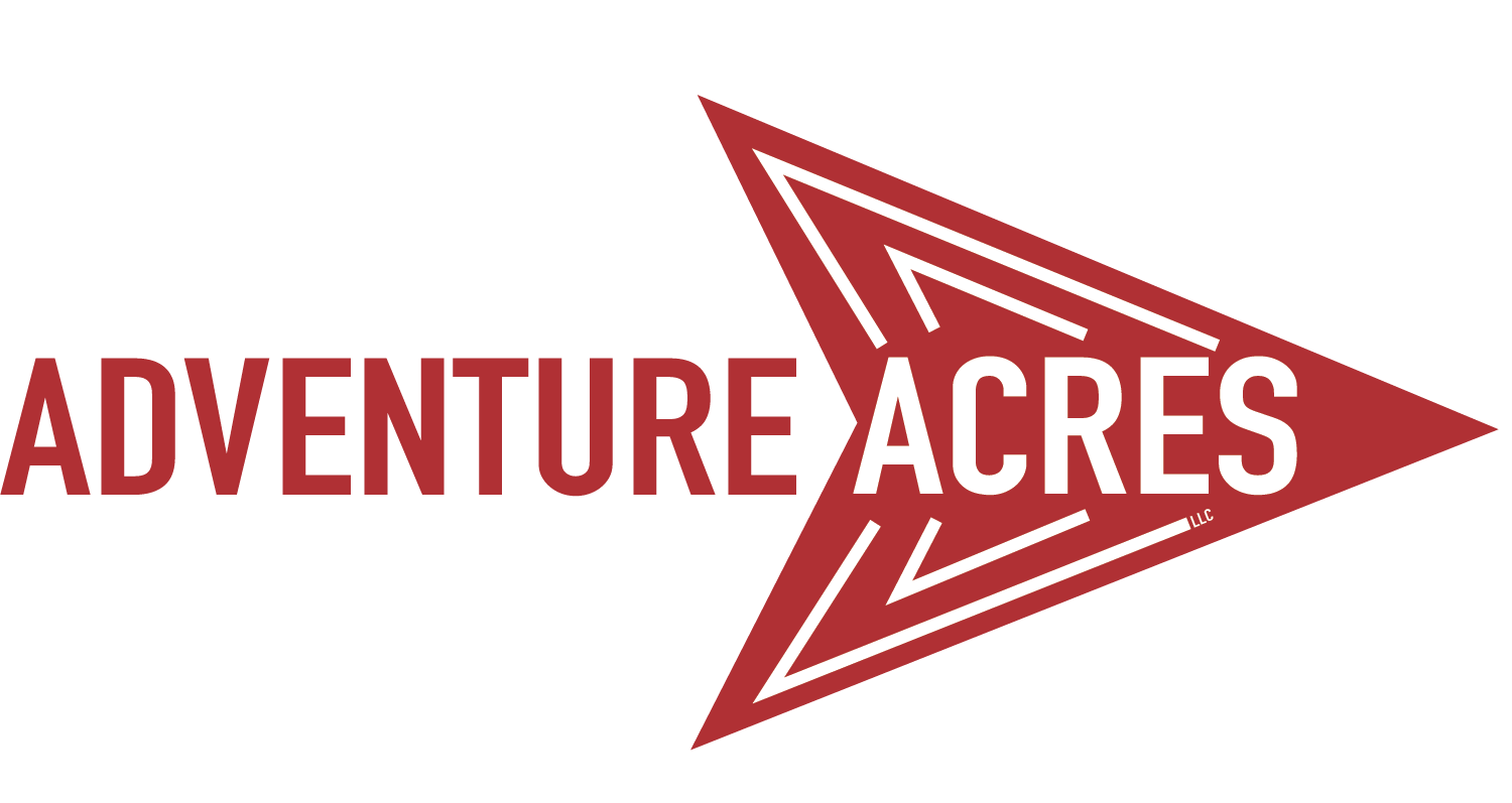 Company logo. The word adventure in red on the left, with a red arrow with white lines on the right, pointing right, and inside the word Acres in white, with a small LLC in white below. The silhouette is similar to a right arrow.